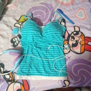 Y2k barbie built in cups teal striped 2000s tank